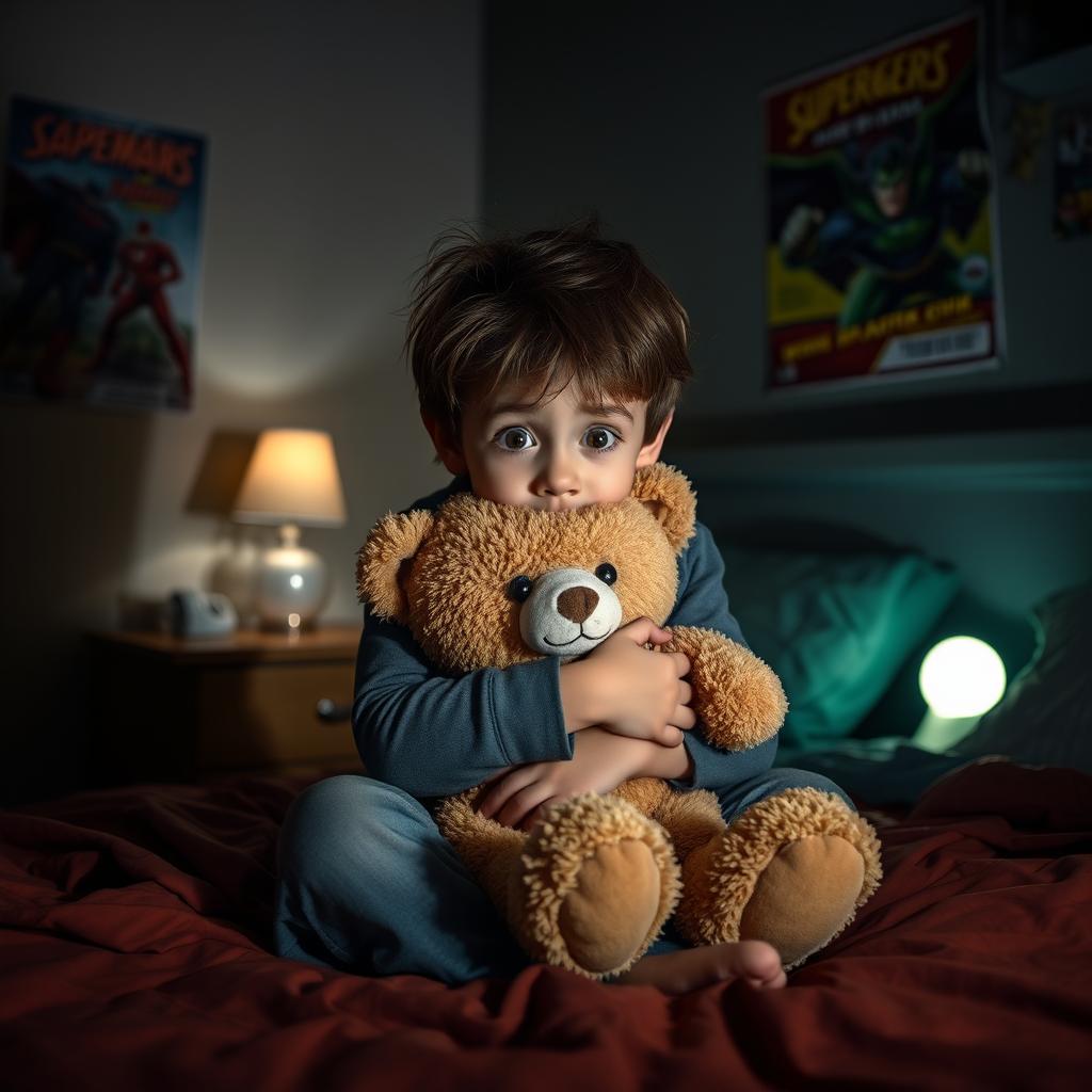 A scared young boy sitting on his bed at night, hugging a plush teddy bear tightly