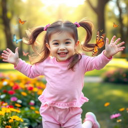 An adorable young girl wearing pink clothes, with a playful smile and twinkling eyes