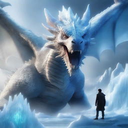 A hyper-realistic digital art piece featuring an extraordinarily handsome man, his face fully visible, standing bravely in front of a massive ice-element dragon