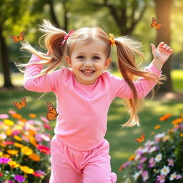 An adorable young girl wearing pink clothes, with a playful smile and twinkling eyes