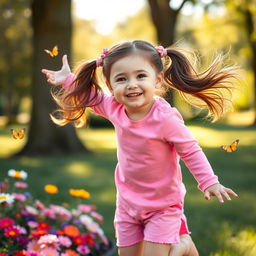 An adorable young girl wearing pink clothes, with a playful smile and twinkling eyes