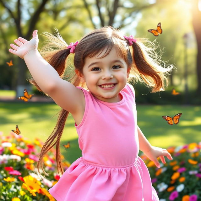 An adorable young girl wearing pink clothes, with a playful smile and twinkling eyes