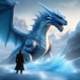 A hyper-realistic digital art piece featuring an extraordinarily handsome man, his face fully visible, standing bravely in front of a massive ice-element dragon