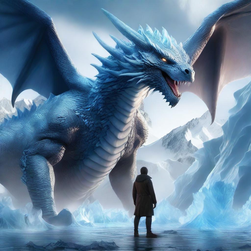 A hyper-realistic digital art piece featuring an extraordinarily handsome man, his face fully visible, standing bravely in front of a massive ice-element dragon