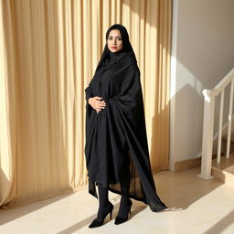 A woman wearing a traditional black chadori that covers her head and body, complemented by black tights and black high heels