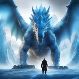 A hyper-realistic digital art piece featuring an extraordinarily handsome man, his face fully visible, standing bravely in front of a massive ice-element dragon