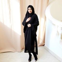 A woman wearing a traditional black chadori that covers her head and body, complemented by black tights and black high heels