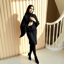 A woman wearing a traditional black chadori that covers her head and body, complemented by black tights and black high heels