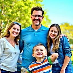 A warm and joyful family portrait featuring a father with a big smile, standing confidently in the center