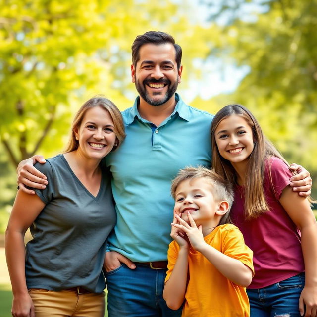 A warm and joyful family portrait featuring a father with a big smile, standing confidently in the center