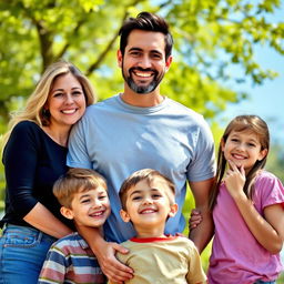 A warm and joyful family portrait featuring a father with a big smile, standing confidently in the center