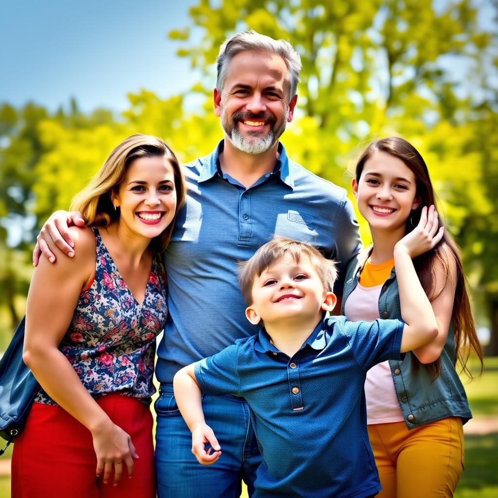 A warm and joyful family portrait featuring a father with a big smile, standing confidently in the center