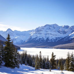 A breathtaking wilderness scene showcasing snow-covered mountains under a clear blue sky