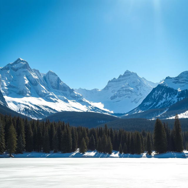 A breathtaking wilderness scene showcasing snow-covered mountains under a clear blue sky