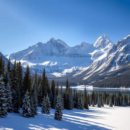 A breathtaking wilderness scene showcasing snow-covered mountains under a clear blue sky