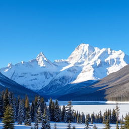 A breathtaking wilderness scene showcasing snow-covered mountains under a clear blue sky