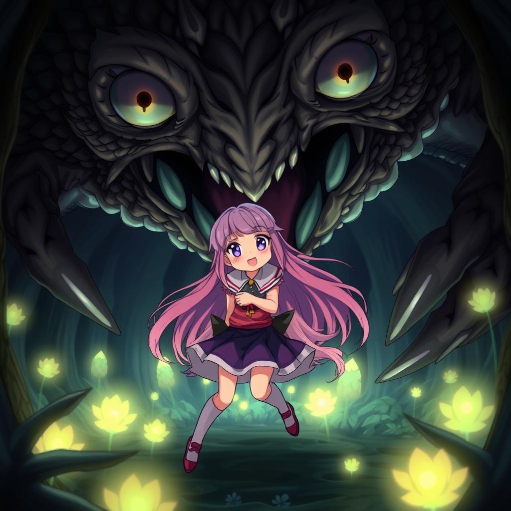 An anime girl with long flowing hair styled in a vibrant color, wearing a cute, distinctive outfit, caught in a dramatic scene where a gigantic, fantastical monster, with intricate scales and exaggerated features, is looming over her