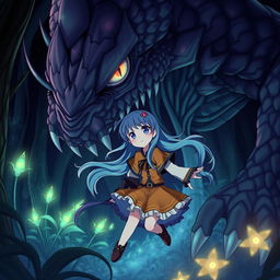 An anime girl with long flowing hair styled in a vibrant color, wearing a cute, distinctive outfit, caught in a dramatic scene where a gigantic, fantastical monster, with intricate scales and exaggerated features, is looming over her