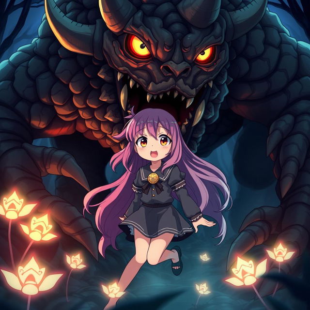 An anime girl with long flowing hair styled in a vibrant color, wearing a cute, distinctive outfit, caught in a dramatic scene where a gigantic, fantastical monster, with intricate scales and exaggerated features, is looming over her