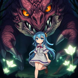 An anime girl with long flowing hair styled in a vibrant color, wearing a cute, distinctive outfit, caught in a dramatic scene where a gigantic, fantastical monster, with intricate scales and exaggerated features, is looming over her
