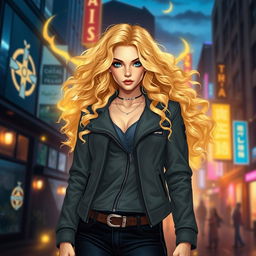 A beautiful 30-year-old urban fantasy character, featuring long, flowing blonde curly hair and striking dark blue eyes