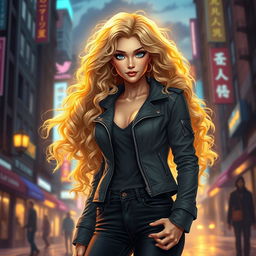 A beautiful 30-year-old urban fantasy character, featuring long, flowing blonde curly hair and striking dark blue eyes