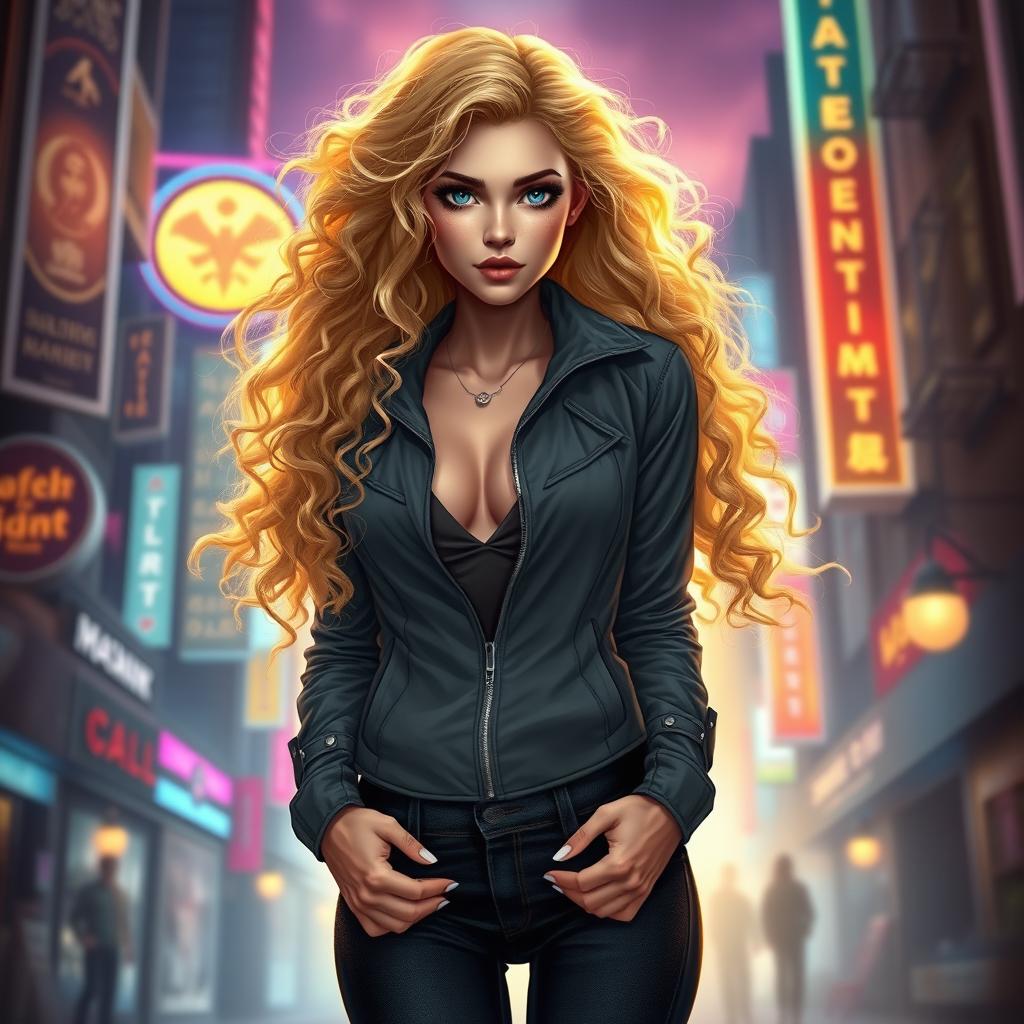 A beautiful 30-year-old urban fantasy character, featuring long, flowing blonde curly hair and striking dark blue eyes