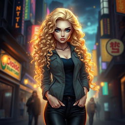 A beautiful 30-year-old urban fantasy character, featuring long, flowing blonde curly hair and striking dark blue eyes