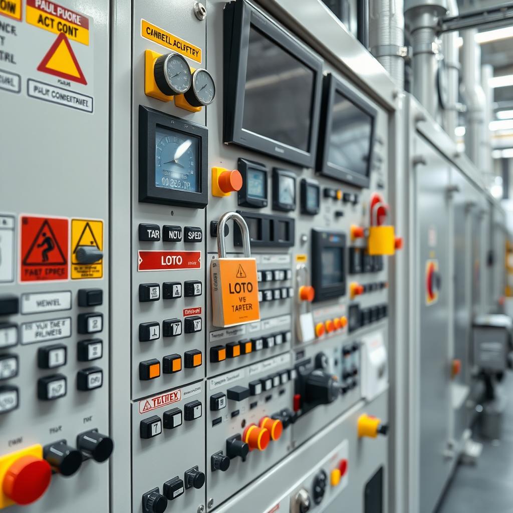 A close-up view of a control panel in a chemical manufacturing facility, showcasing a complex array of buttons, dials, and screens