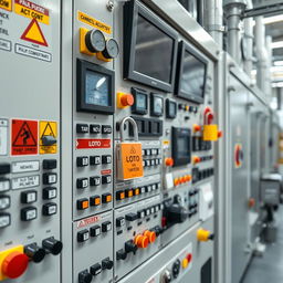 A close-up view of a control panel in a chemical manufacturing facility, showcasing a complex array of buttons, dials, and screens
