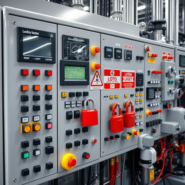 A close-up view of a control panel in a chemical manufacturing facility, showcasing a complex array of buttons, dials, and screens