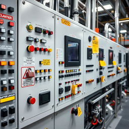 A close-up view of a control panel in a chemical manufacturing facility, showcasing a complex array of buttons, dials, and screens