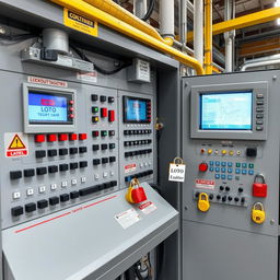 A close-up view of a control panel in a chemical manufacturing facility, showcasing a complex array of buttons, dials, and screens