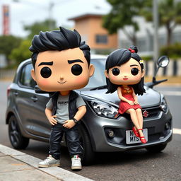 A Funko Pop style representation of a 20-year-old male character with short black hair standing next to an Asian female character sitting on the hood of a gray Suzuki MT car parked on the roadside