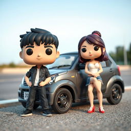 A Funko Pop style representation of a 20-year-old male character with short black hair standing next to an Asian female character sitting on the hood of a gray Suzuki MT car parked on the roadside