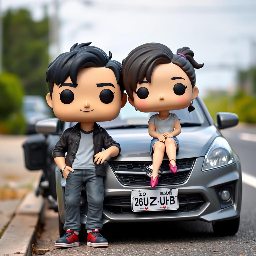 A Funko Pop style representation of a 20-year-old male character with short black hair standing next to an Asian female character sitting on the hood of a gray Suzuki MT car parked on the roadside