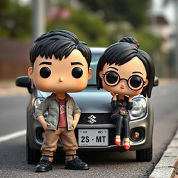 A Funko Pop style representation of a 20-year-old male character with short black hair standing next to an Asian female character sitting on the hood of a gray Suzuki MT car parked on the roadside