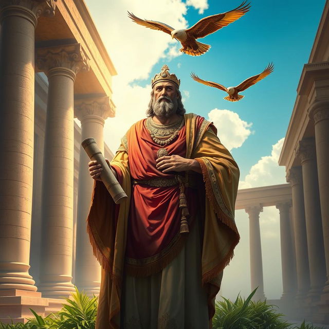 A majestic depiction of Cyrus the Great, adorned in regal Persian attire, standing confidently against a backdrop of ancient architecture