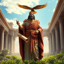 A majestic depiction of Cyrus the Great, adorned in regal Persian attire, standing confidently against a backdrop of ancient architecture