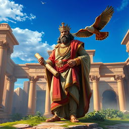 A majestic depiction of Cyrus the Great, adorned in regal Persian attire, standing confidently against a backdrop of ancient architecture