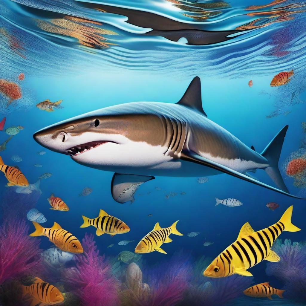 A high-quality digital art piece depicting a unique shark with the skin of a tiger