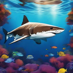 A high-quality digital art piece depicting a unique shark with the skin of a tiger