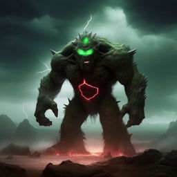 An imposing, large green stone golem with glowing red eyes, sharp, jagged features, standing amidst a lightning storm in a desolate landscape.