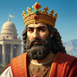 A portrait of Cyrus, an ancient Persian king known for his wisdom and strength