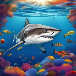 A high-quality digital art piece depicting a unique shark with the skin of a tiger