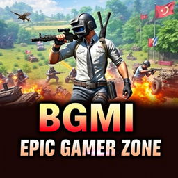 A vibrant and eye-catching thumbnail for a BGMI (Battlegrounds Mobile India) gaming channel, featuring dynamic action scenes from the game with characters in combat poses