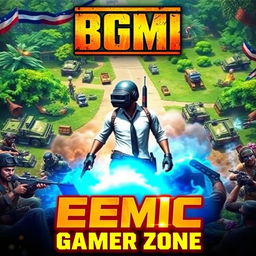 A vibrant and eye-catching thumbnail for a BGMI (Battlegrounds Mobile India) gaming channel, featuring dynamic action scenes from the game with characters in combat poses