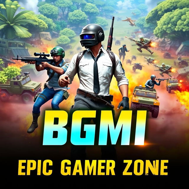 A vibrant and eye-catching thumbnail for a BGMI (Battlegrounds Mobile India) gaming channel, featuring dynamic action scenes from the game with characters in combat poses