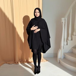 A woman dressed in a traditional black chador that elegantly covers her head and body, complemented by sleek black tights and stylish black high heels