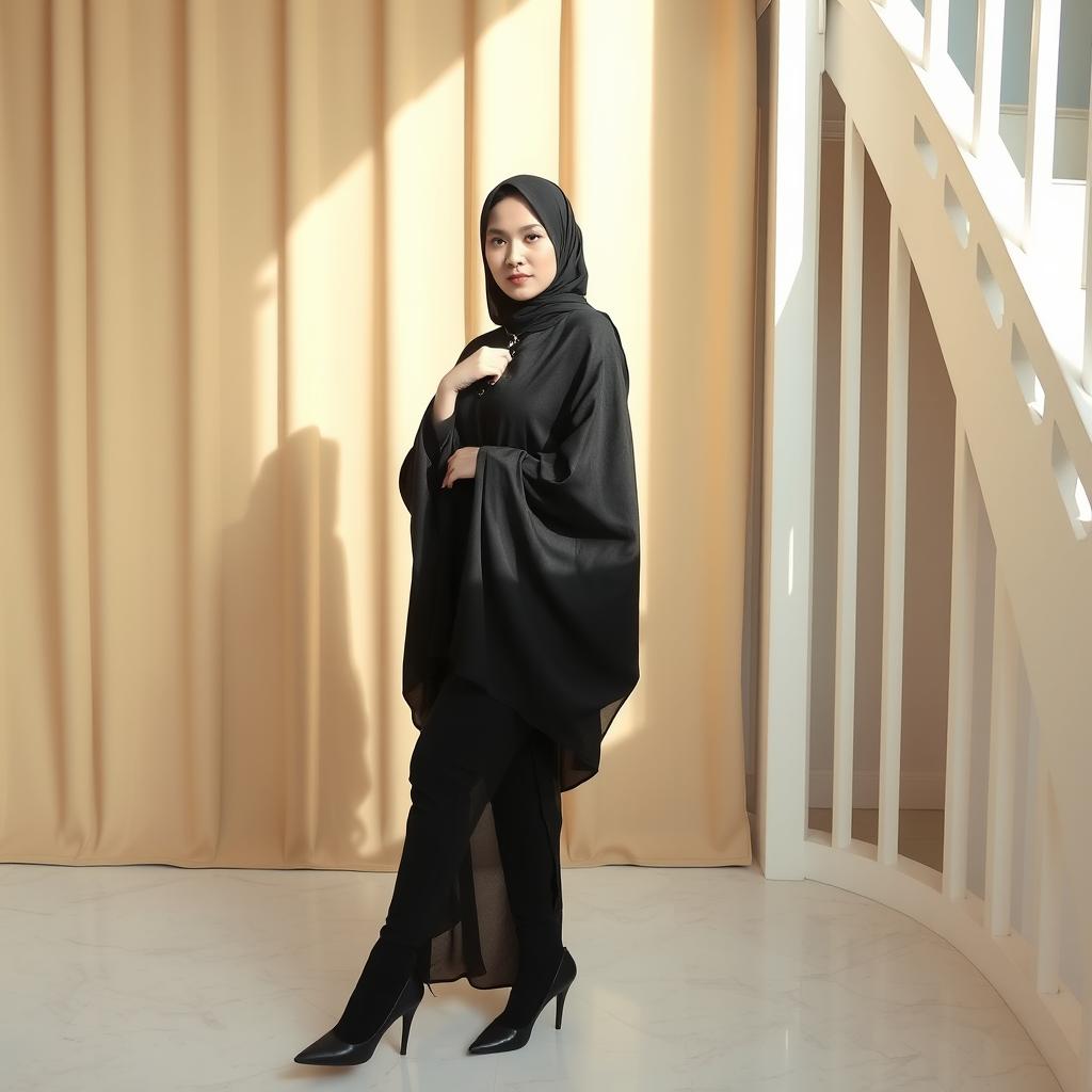 A woman dressed in a traditional black chador that elegantly covers her head and body, complemented by sleek black tights and stylish black high heels